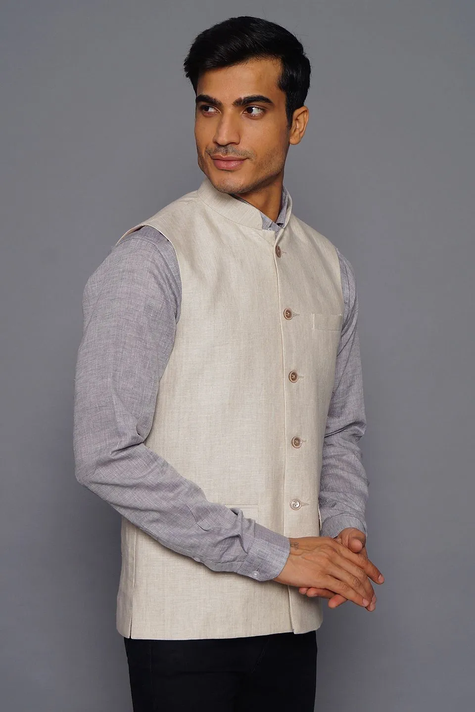Pure Linen Cream Modi Nehru Jacket