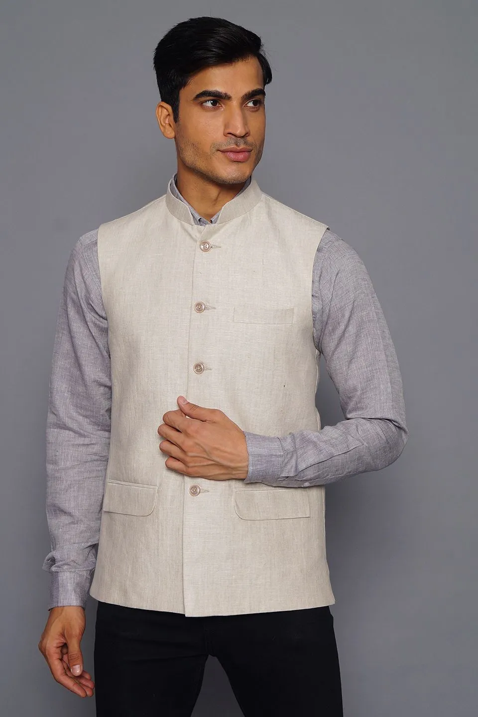 Pure Linen Cream Modi Nehru Jacket