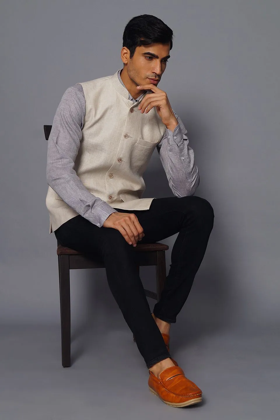 Pure Linen Cream Modi Nehru Jacket