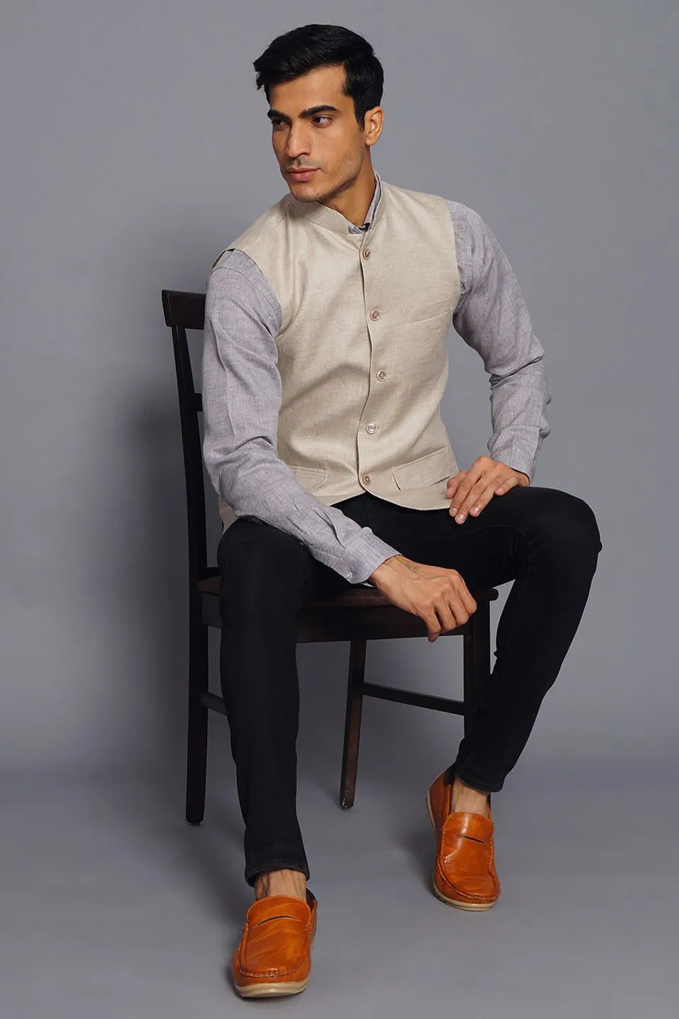 Pure Linen Natural Modi Nehru Jacket