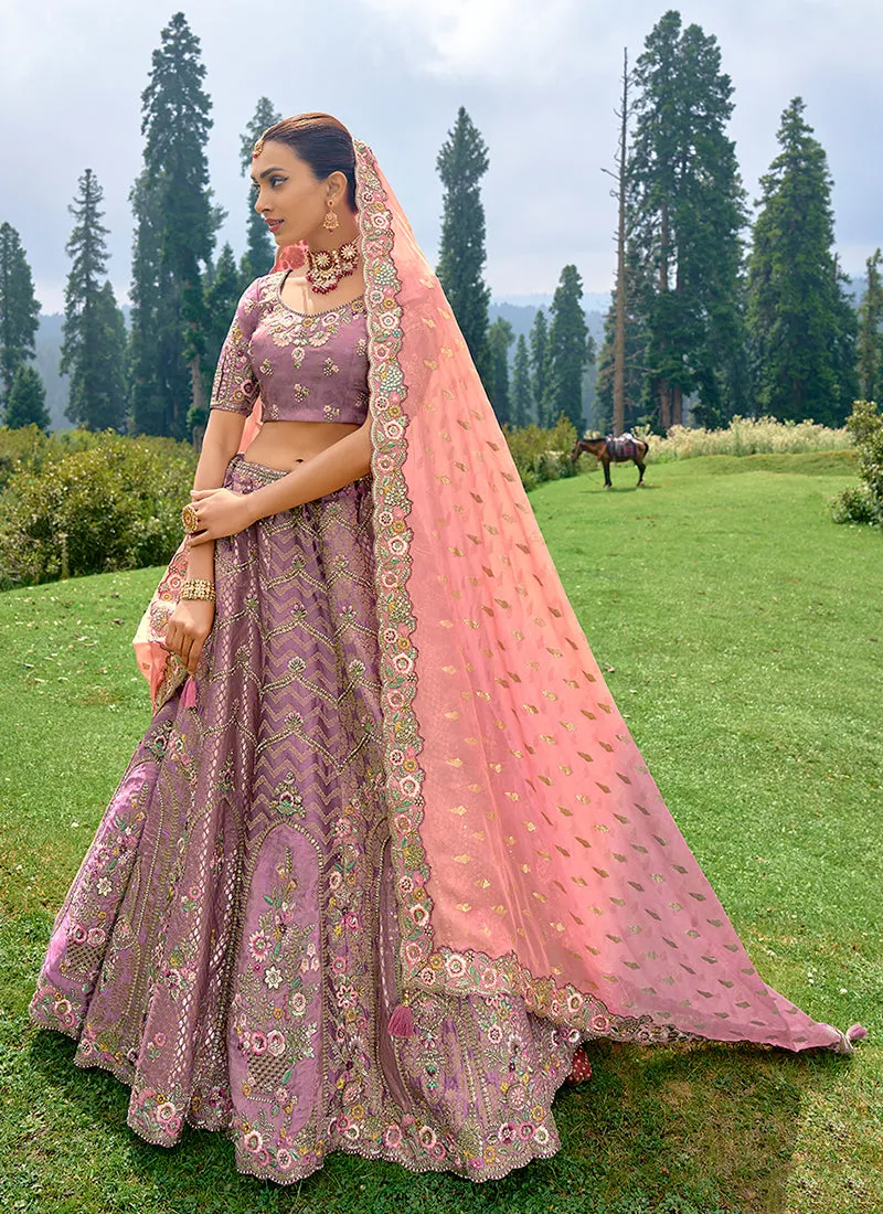 Purple And Peach Embroidery Wedding Lehenga Choli