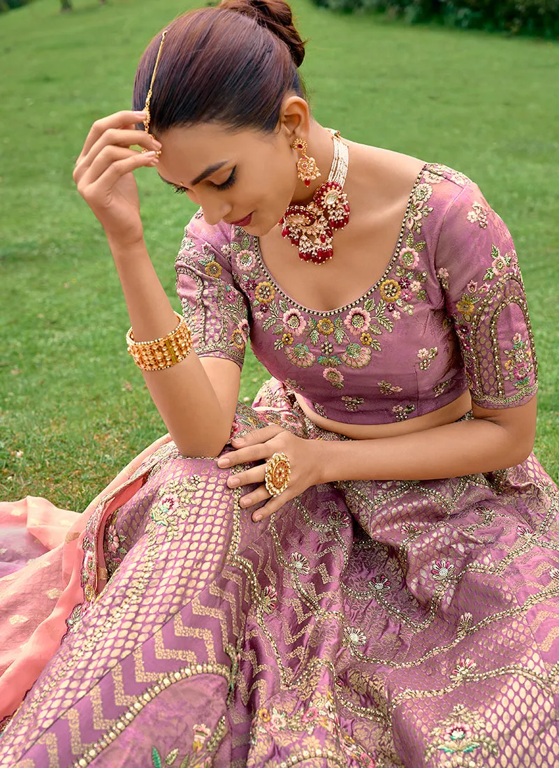 Purple And Peach Embroidery Wedding Lehenga Choli