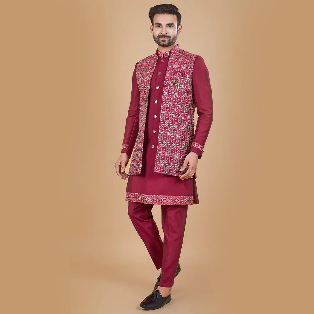 Radiance Red Indo-Western Ensemble with Designer Long Jacket