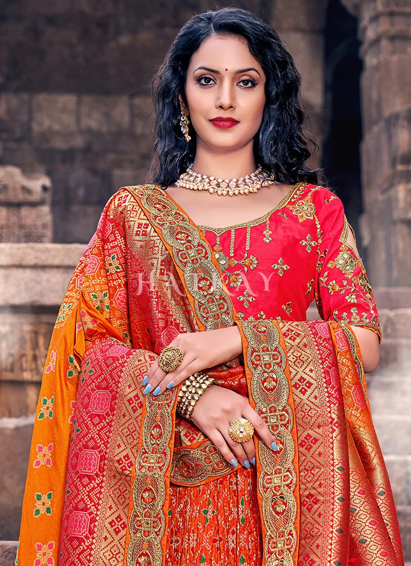 Red And Orange Multi Embroidery Wedding Lehenga Choli
