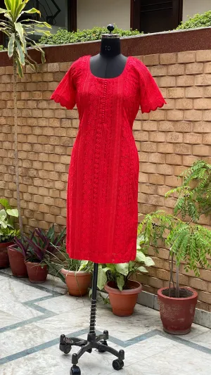 Red Chikankari Kurti Set