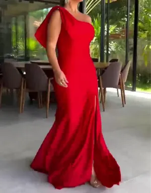 Red Mermaid Evening Dresses Floor Length Prom Dresses with Slit