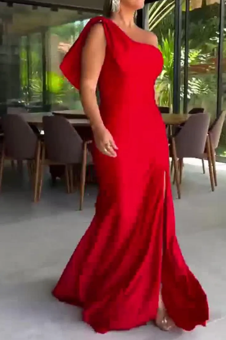 Red Mermaid Evening Dresses Floor Length Prom Dresses with Slit
