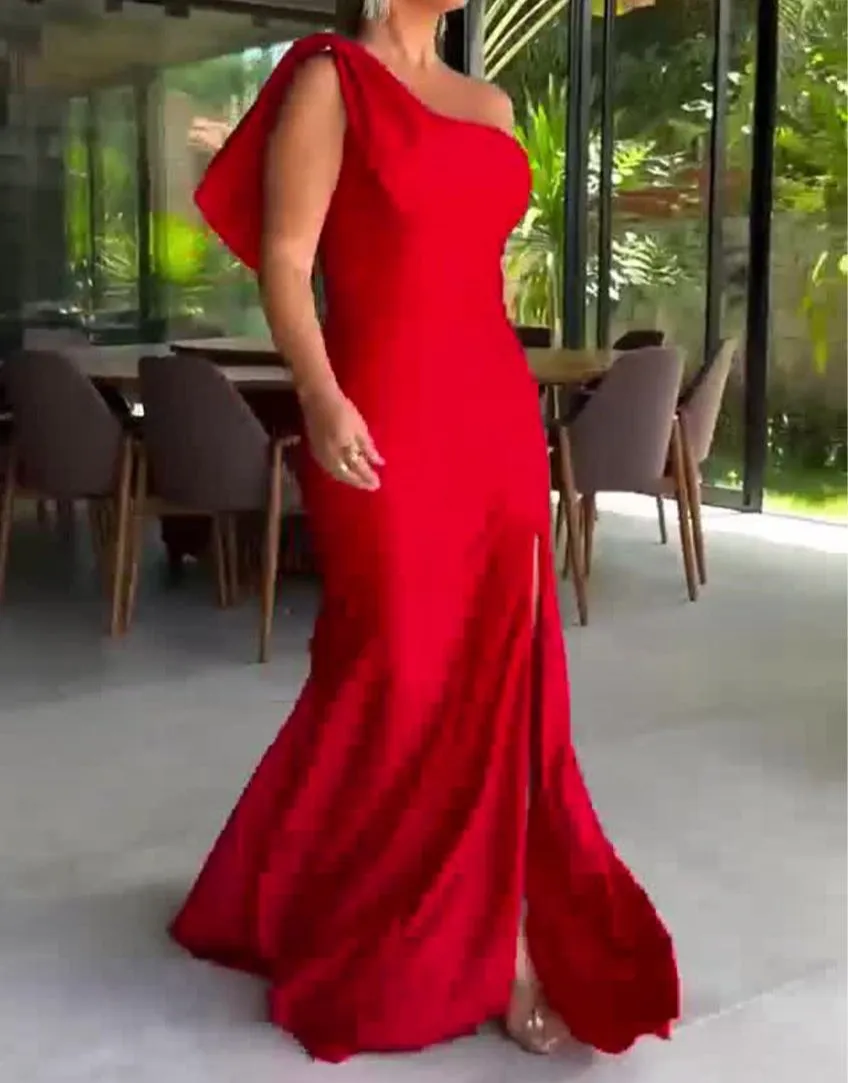 Red Mermaid Evening Dresses Floor Length Prom Dresses with Slit