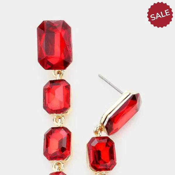 Red Rectangle Crystal Link Evening Earrings