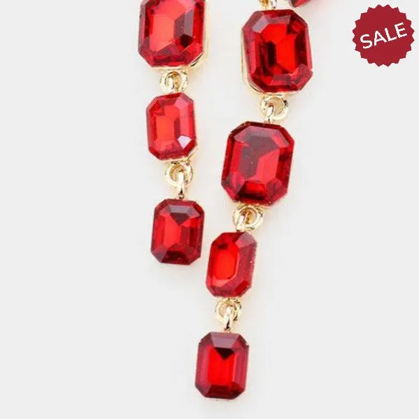 Red Rectangle Crystal Link Evening Earrings