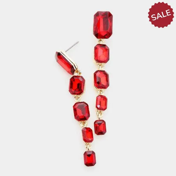 Red Rectangle Crystal Link Evening Earrings