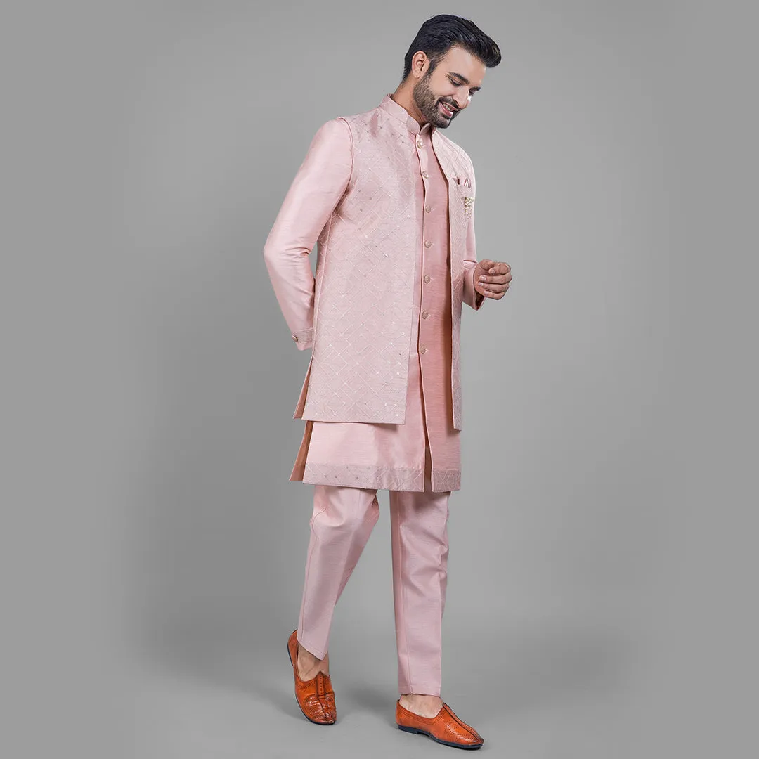 Rose Pink Indo-Western Ensemble with Quilted Long Jacket