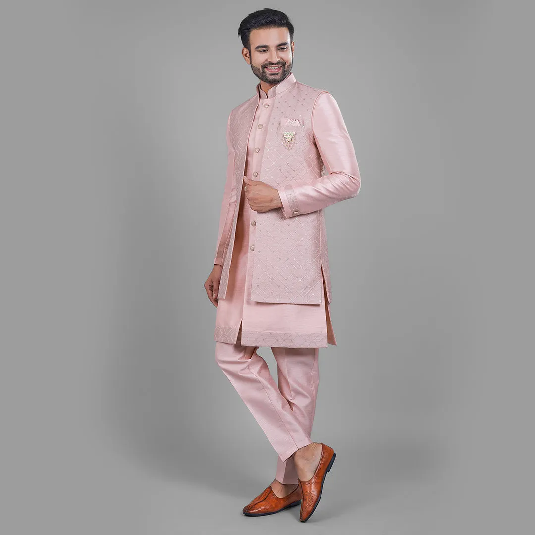 Rose Pink Indo-Western Ensemble with Quilted Long Jacket