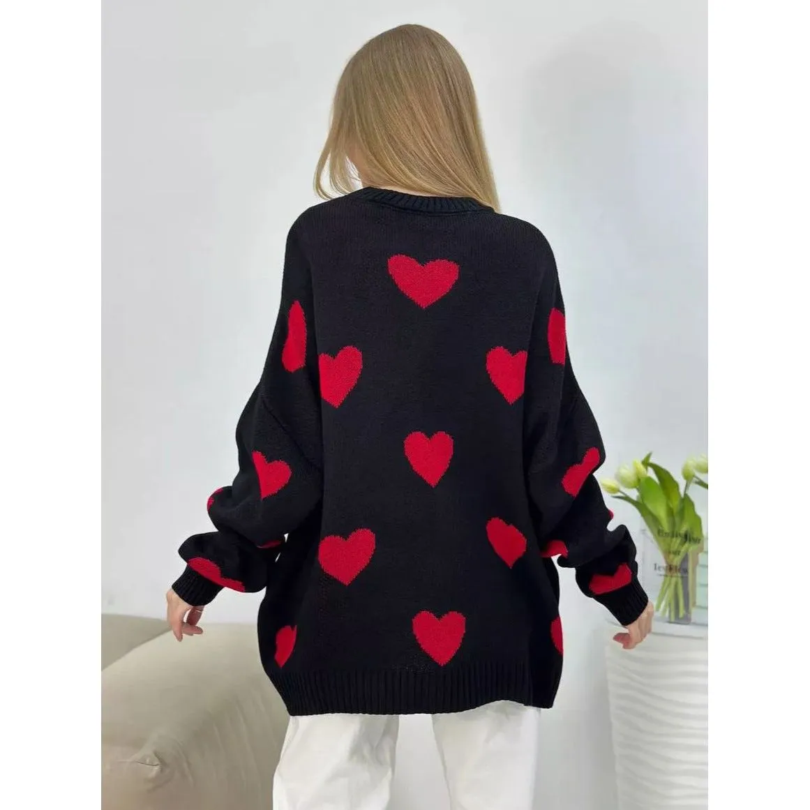 Round Neck Hearts Pullover Sweater