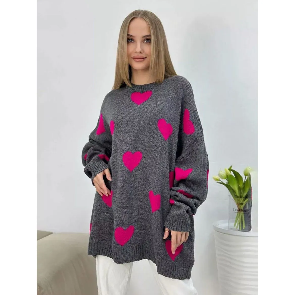 Round Neck Hearts Pullover Sweater