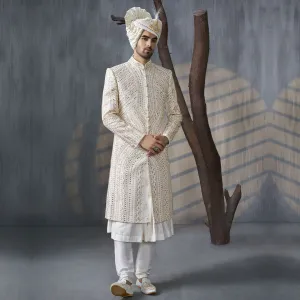 Royal Cream Silk Sherwani with Tonal Embroidery