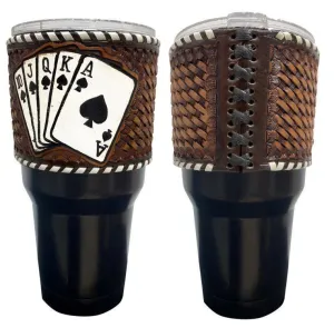 Royal Flush 30 oz Insulated Black Tumbler with Removable Argentina Cow Leather Sleeve