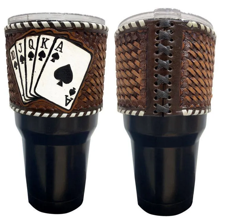 Royal Flush 30 oz Insulated Black Tumbler with Removable Argentina Cow Leather Sleeve