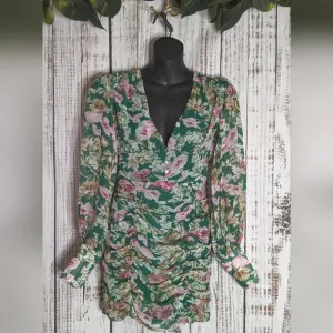 Runaway Rowland Floral Green Long Sleeve Dress With Button Detailing And Ruching
