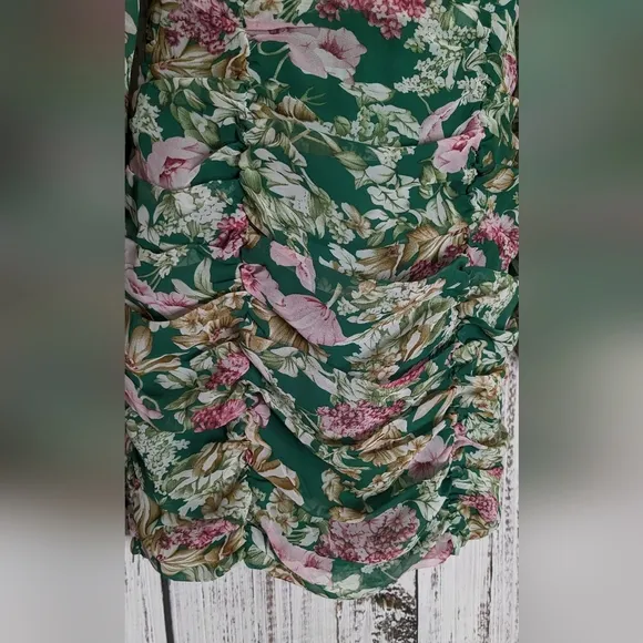 Runaway Rowland Floral Green Long Sleeve Dress With Button Detailing And Ruching