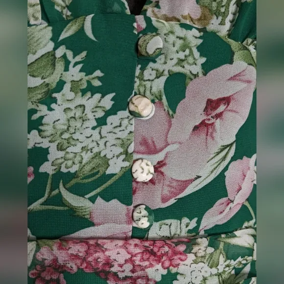 Runaway Rowland Floral Green Long Sleeve Dress With Button Detailing And Ruching