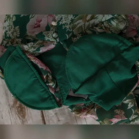 Runaway Rowland Floral Green Long Sleeve Dress With Button Detailing And Ruching