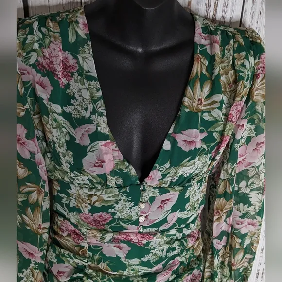 Runaway Rowland Floral Green Long Sleeve Dress With Button Detailing And Ruching