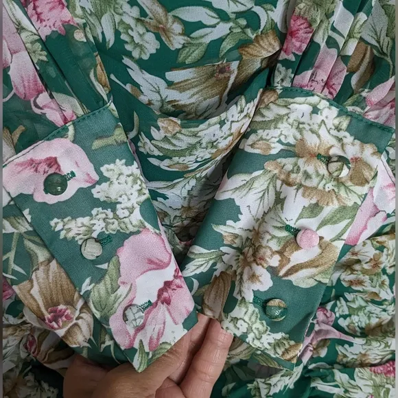 Runaway Rowland Floral Green Long Sleeve Dress With Button Detailing And Ruching