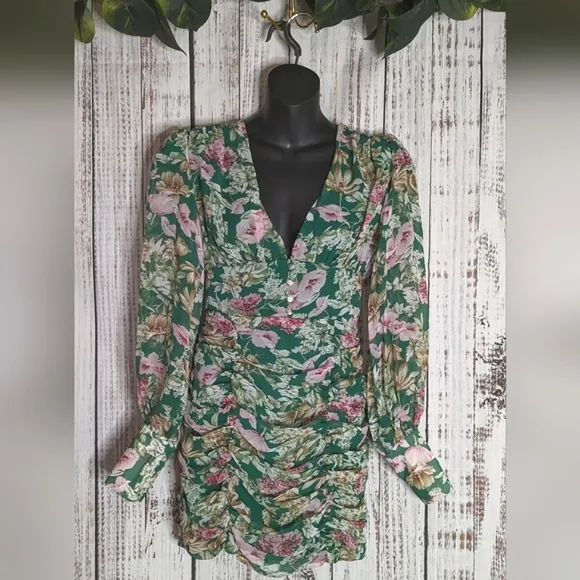 Runaway Rowland Floral Green Long Sleeve Dress With Button Detailing And Ruching