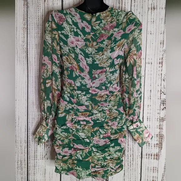 Runaway Rowland Floral Green Long Sleeve Dress With Button Detailing And Ruching