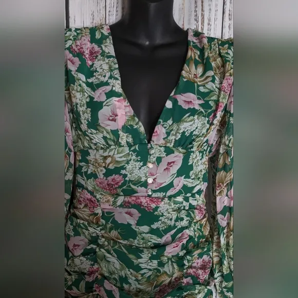 Runaway Rowland Floral Green Long Sleeve Dress With Button Detailing And Ruching