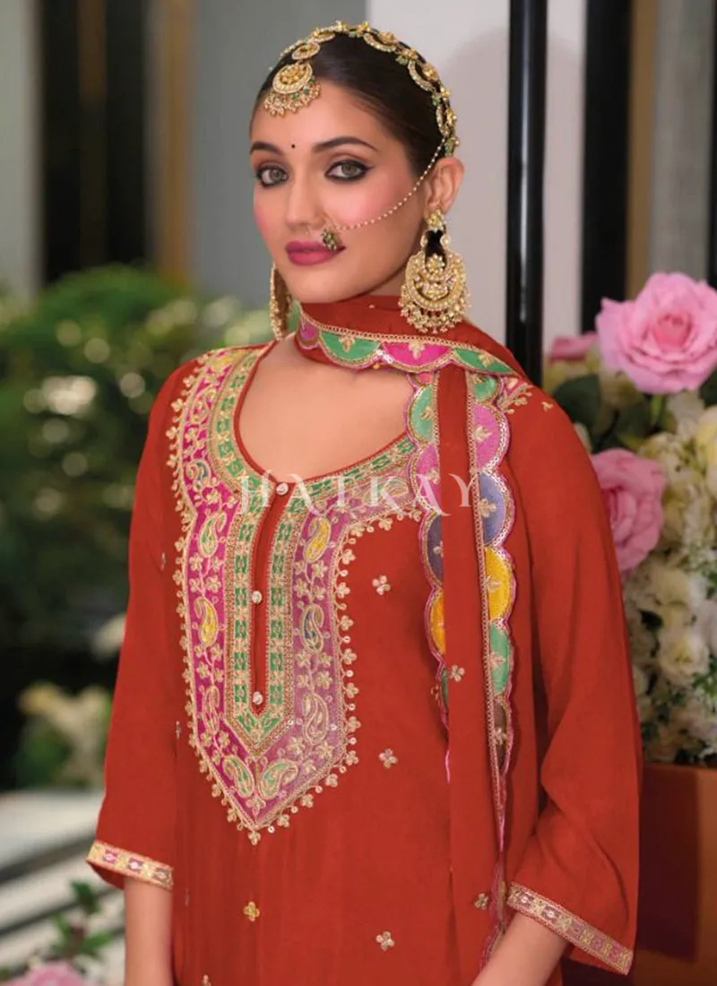 Rust Red Multi Embroidery Palazzo Suit