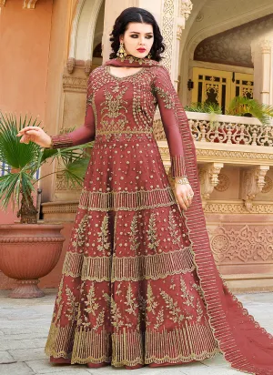 Rustic Red Golden Embroidered Designer Anarkali Suit