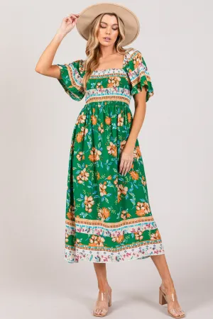 SAGE   FIG Green Printed Smocked Short Sleeve Midi Dress