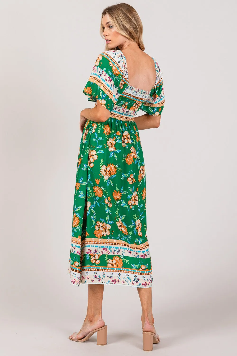 SAGE   FIG Green Printed Smocked Short Sleeve Midi Dress