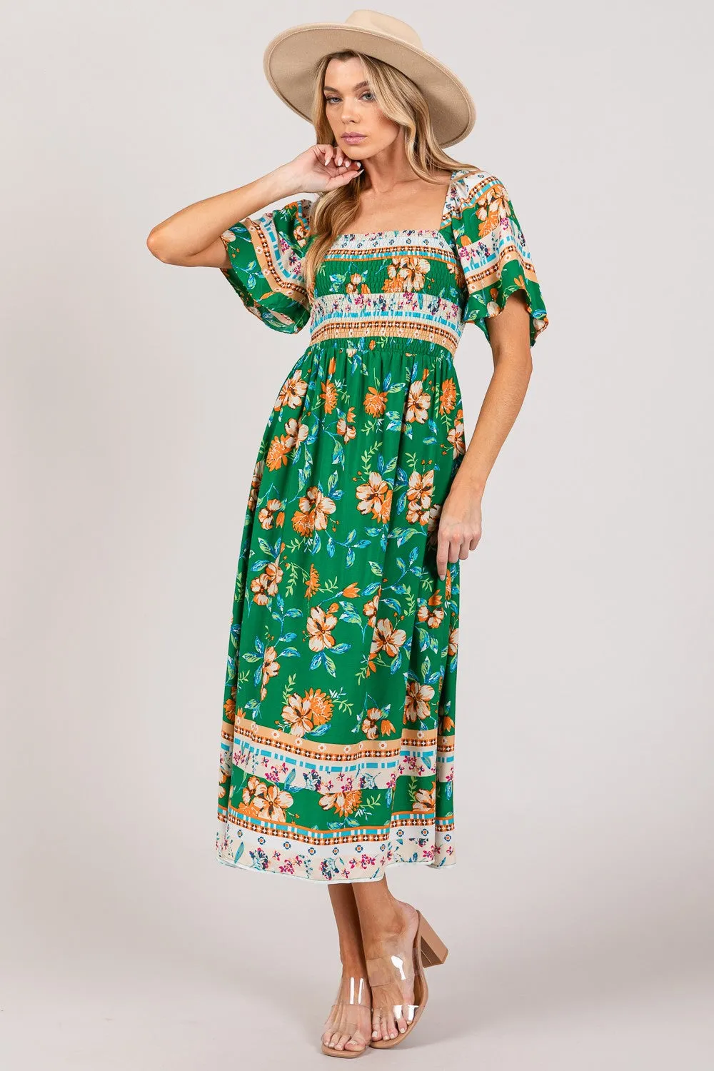 SAGE   FIG Green Printed Smocked Short Sleeve Midi Dress