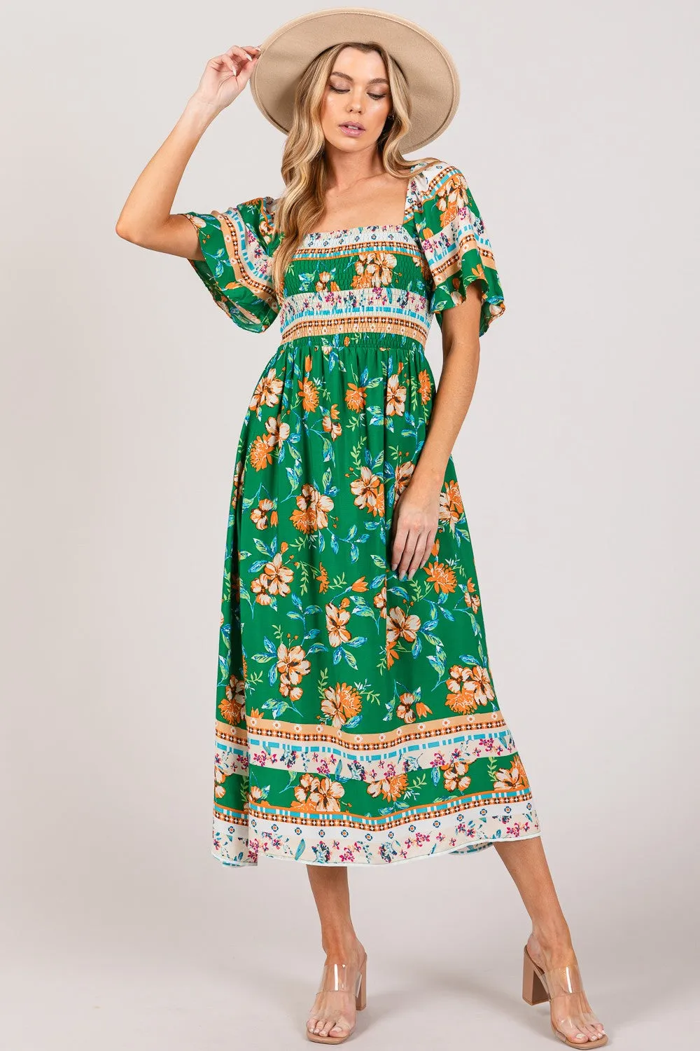 SAGE   FIG Green Printed Smocked Short Sleeve Midi Dress