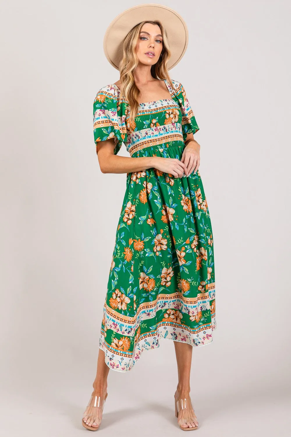 SAGE   FIG Green Printed Smocked Short Sleeve Midi Dress