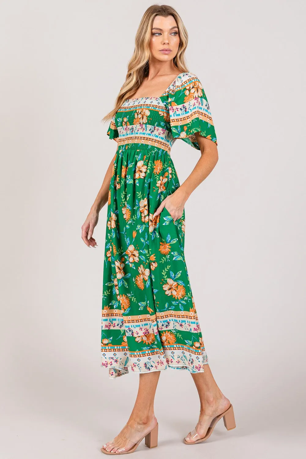 SAGE   FIG Green Printed Smocked Short Sleeve Midi Dress