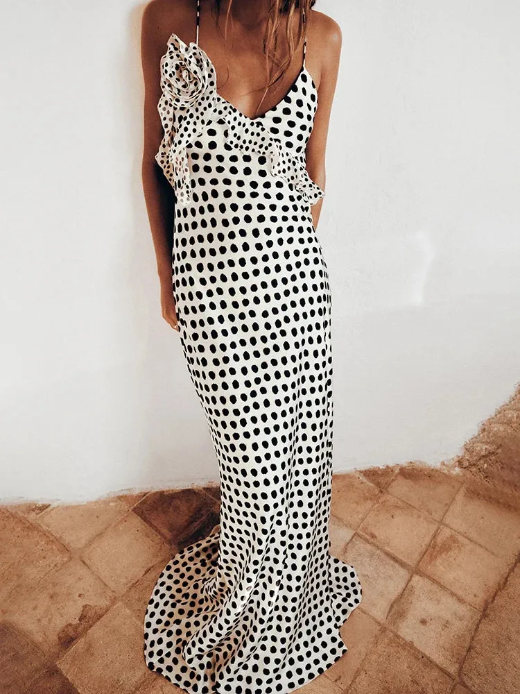 Sexy Flower Dots  Maxi Dress  Spaghetti Strap Vacation Dress