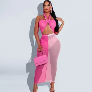 Sheer Color Block Halter Dress with Cut Out Back - Midi Dress