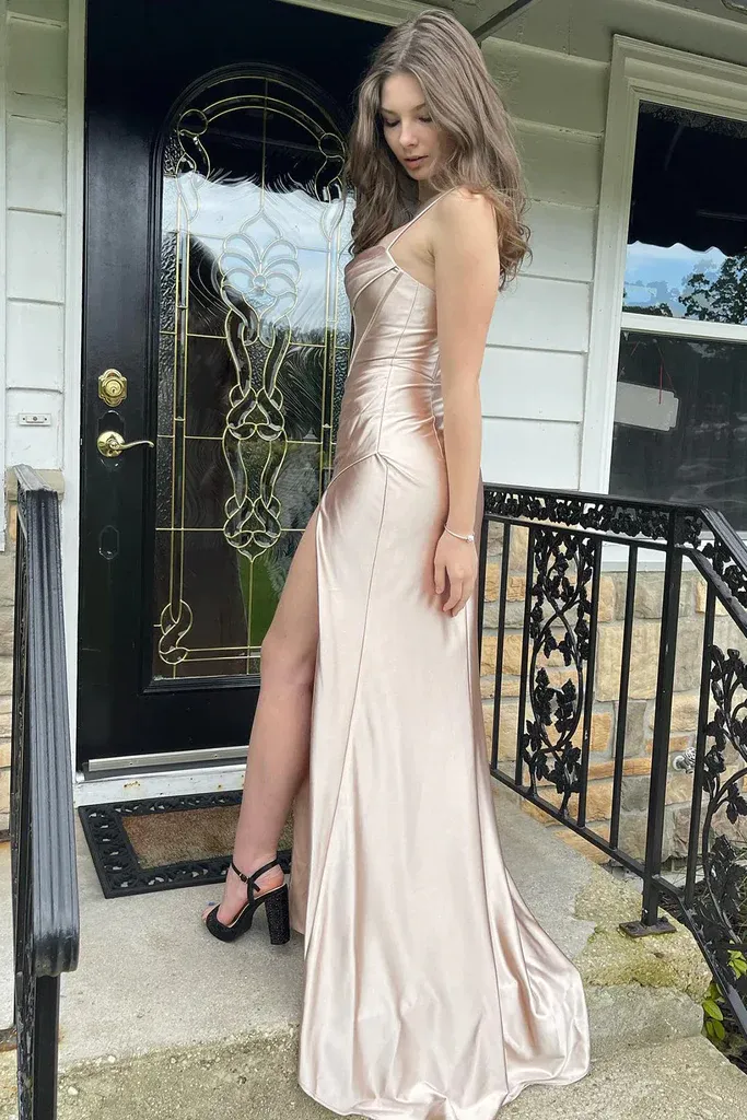 Simple Spaghetti Straps Sweetheart Prom Dresses With Slit Evening Dress