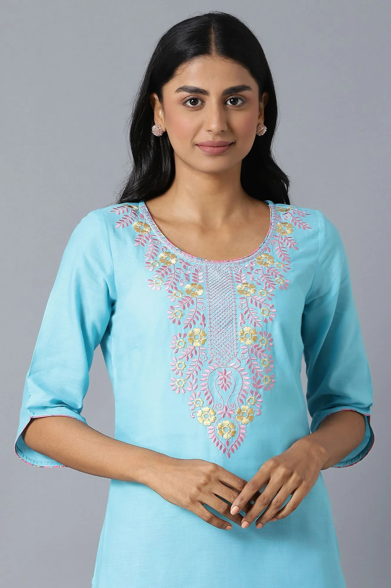 Sky Blue Ethnic Round Neck Embroidered kurta With Pink Printed Culottes