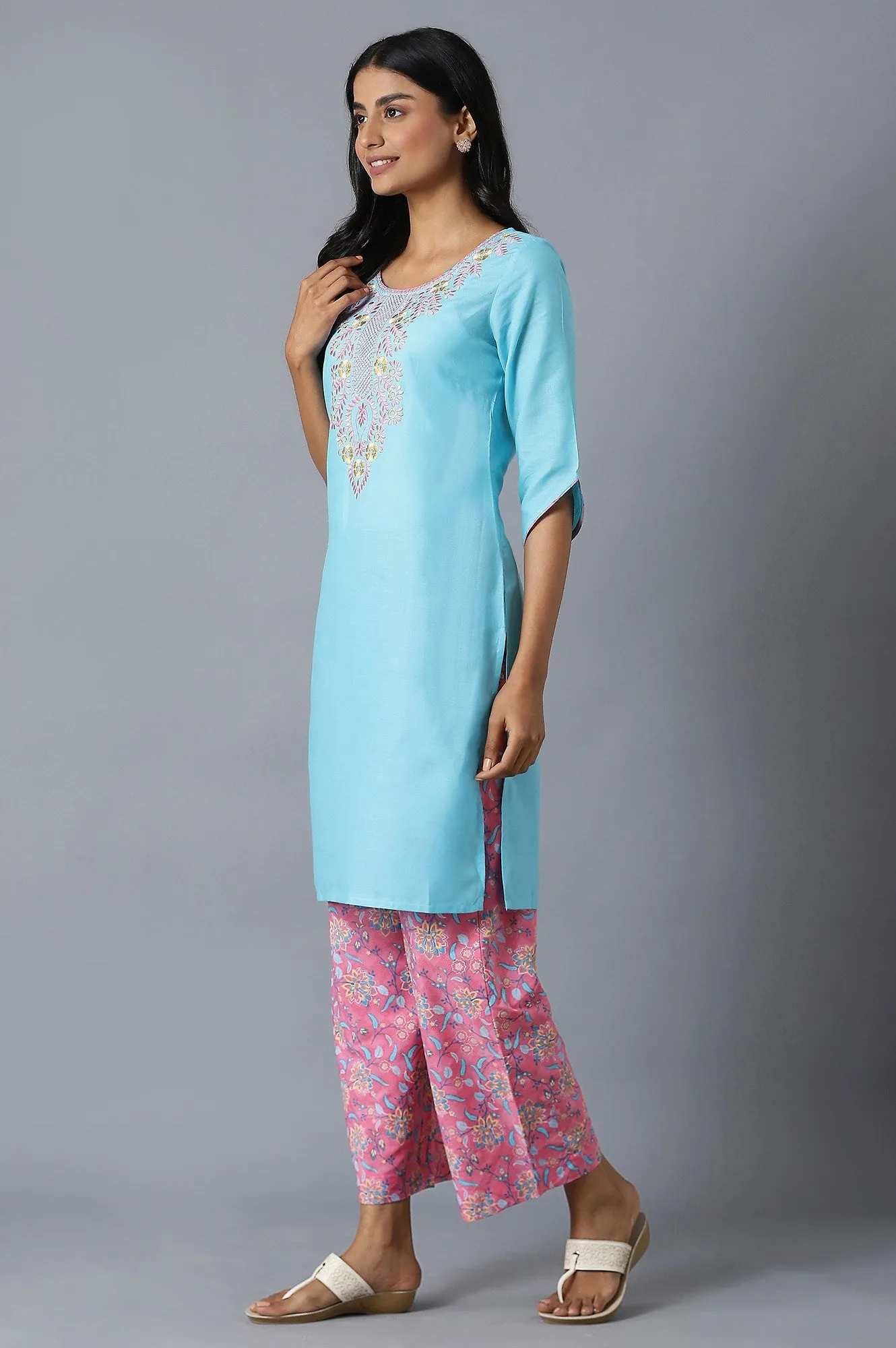 Sky Blue Ethnic Round Neck Embroidered kurta With Pink Printed Culottes