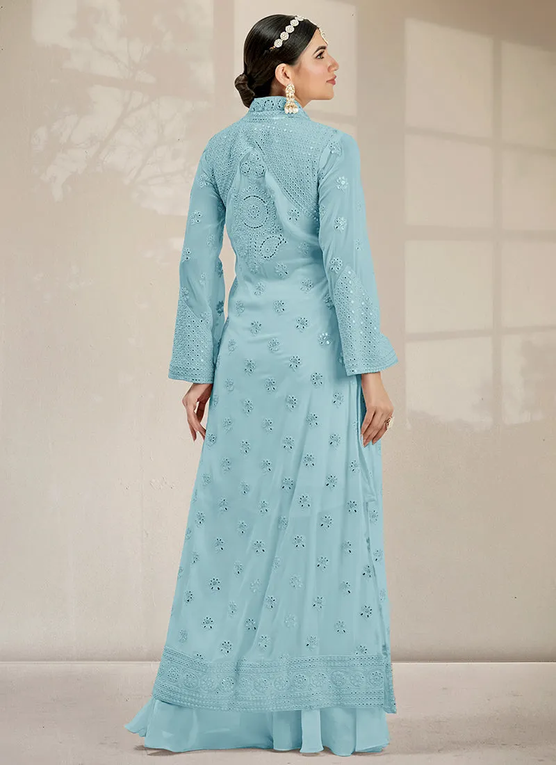 Sky Blue Mirror Work Embroidery Jacket Style Palazzo Suit