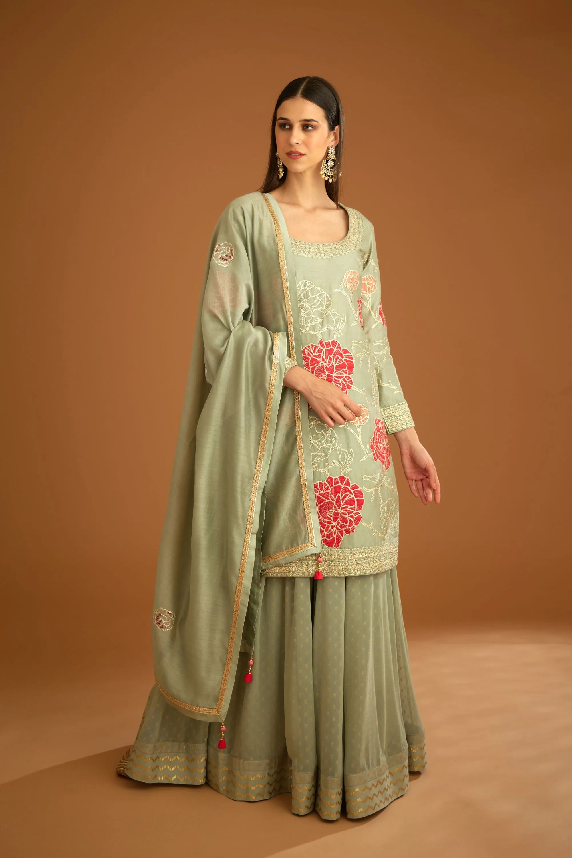 Smoke blue embroidered sharara set
