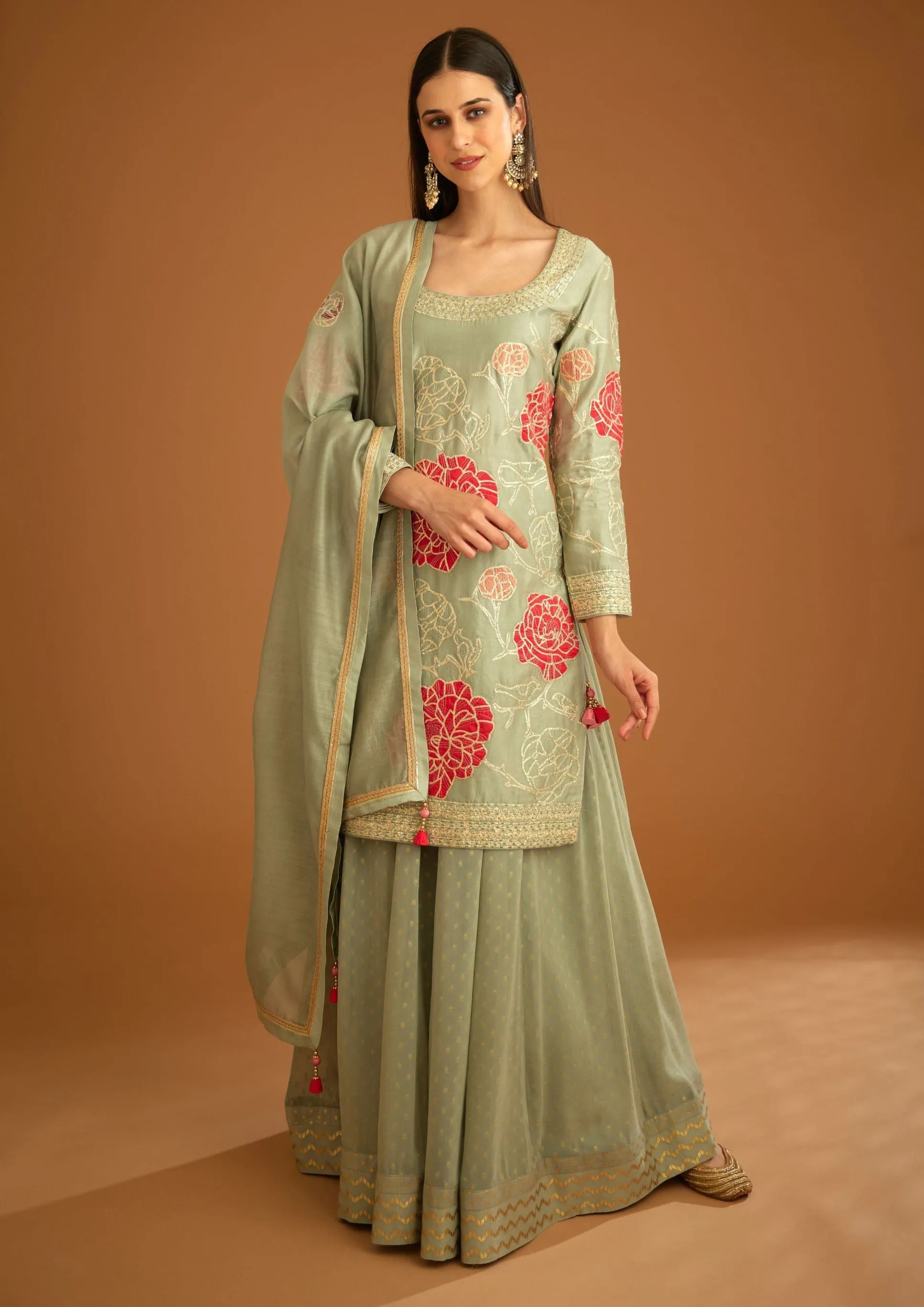 Smoke blue embroidered sharara set