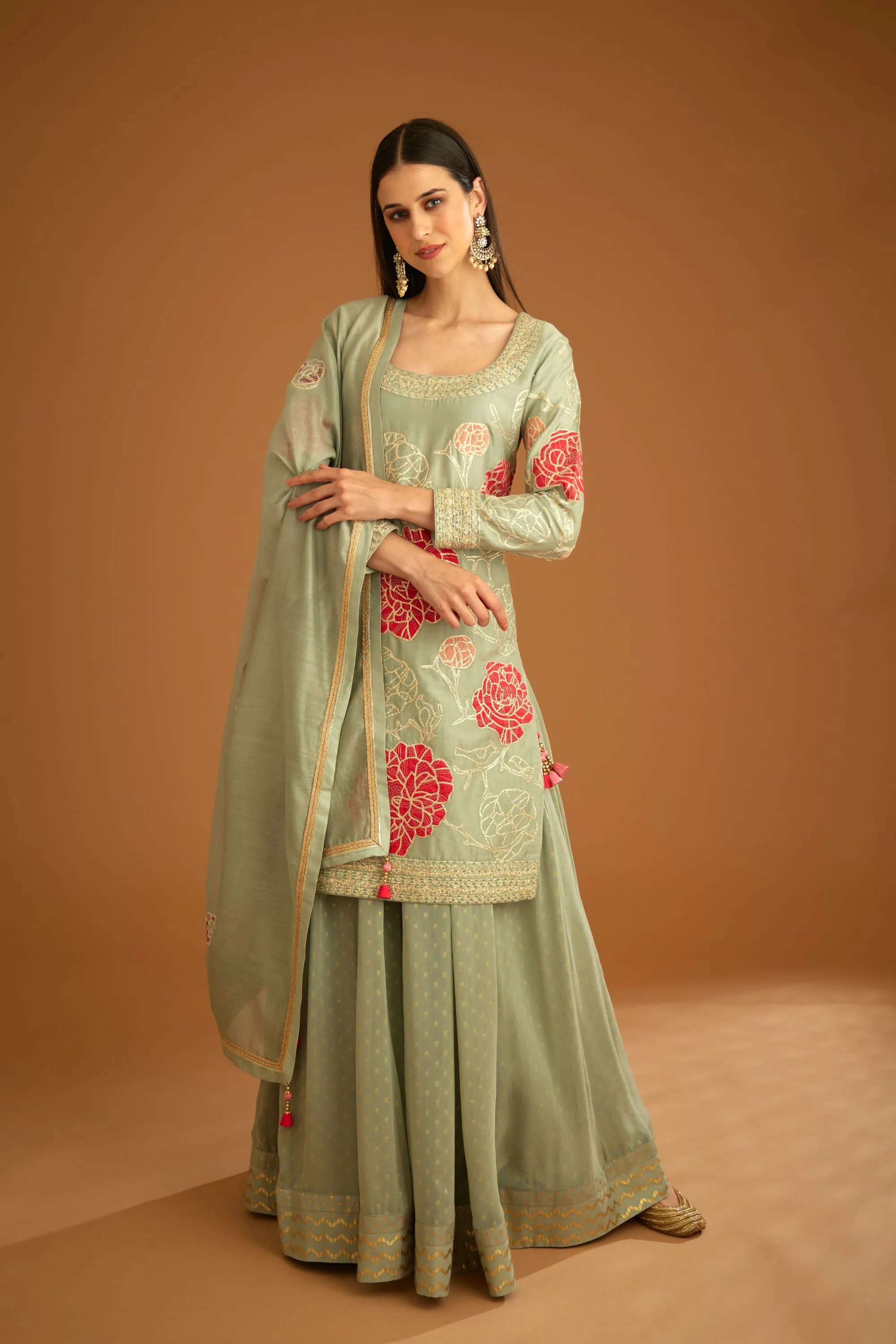 Smoke blue embroidered sharara set
