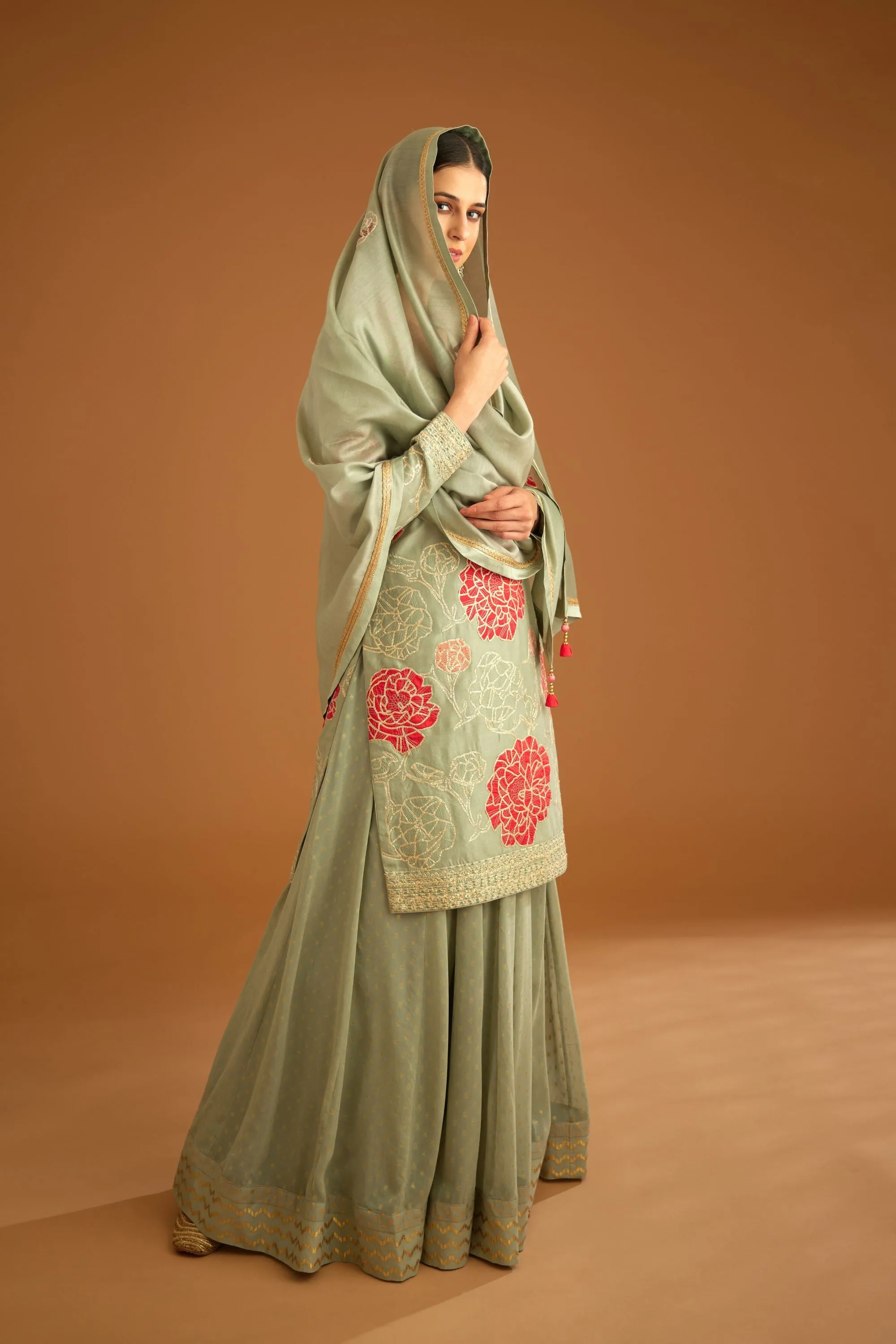 Smoke blue embroidered sharara set
