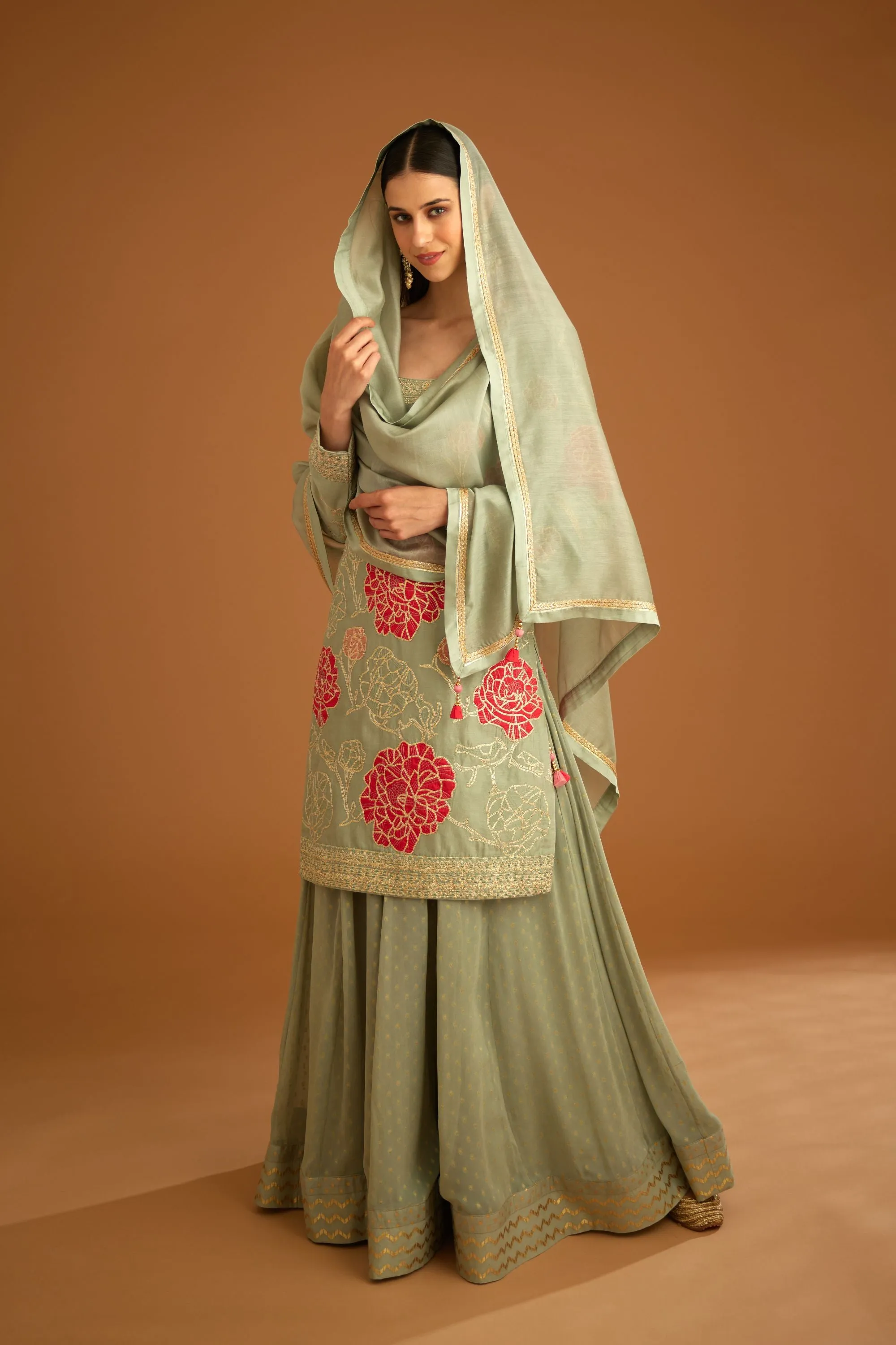 Smoke blue embroidered sharara set